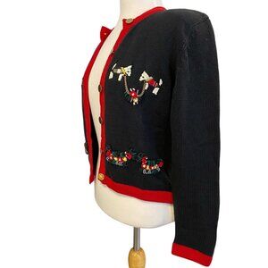 Vintage Black & Red Button-Up Embroidered Dog Cardigan Sweater Womens Size Small
